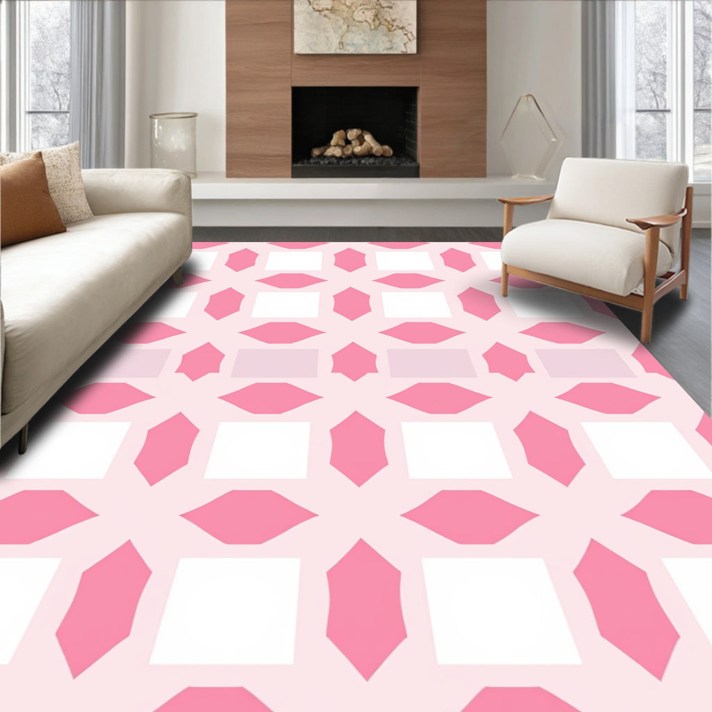 Pink White Geometric Lattice Pattern Rug