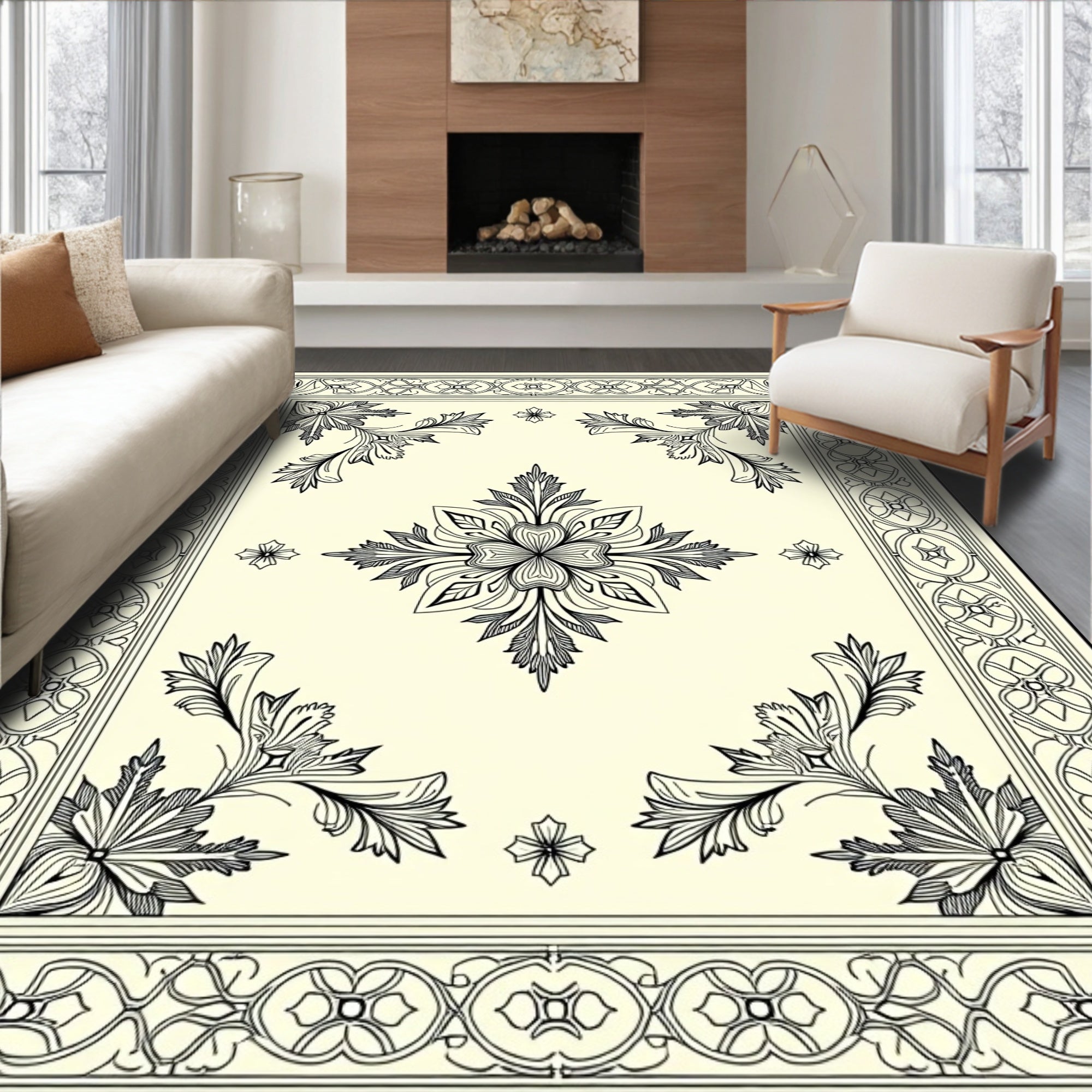 Classic Floral Corner Border Pattern Rug