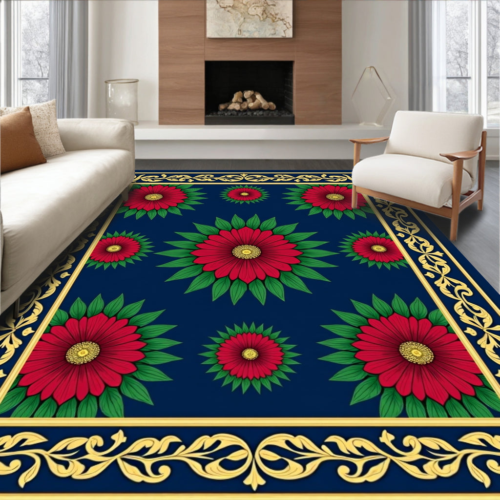Deep Blue Red Floral Border Rug