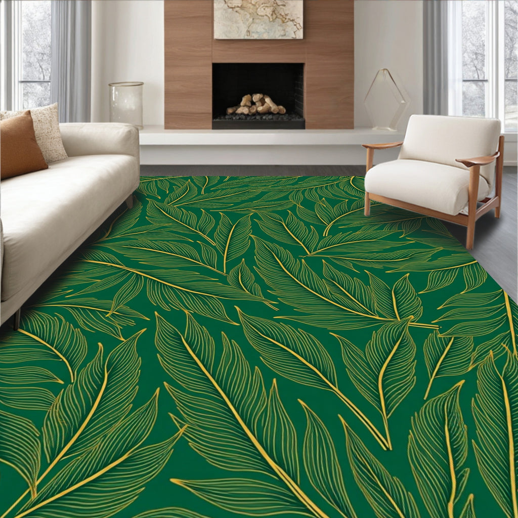 Emerald Green Gold Leaf Pattern Rug