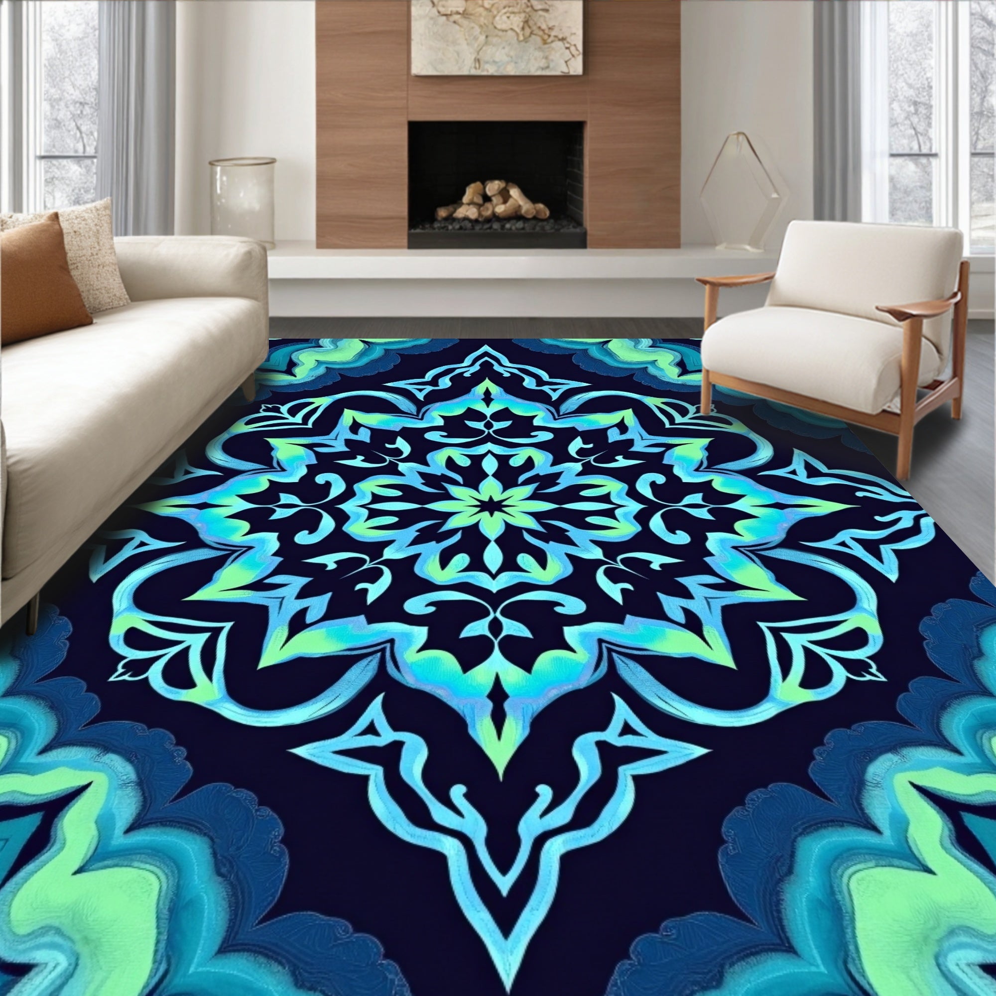 Ornate Aqua Teal Mandala Pattern Rug