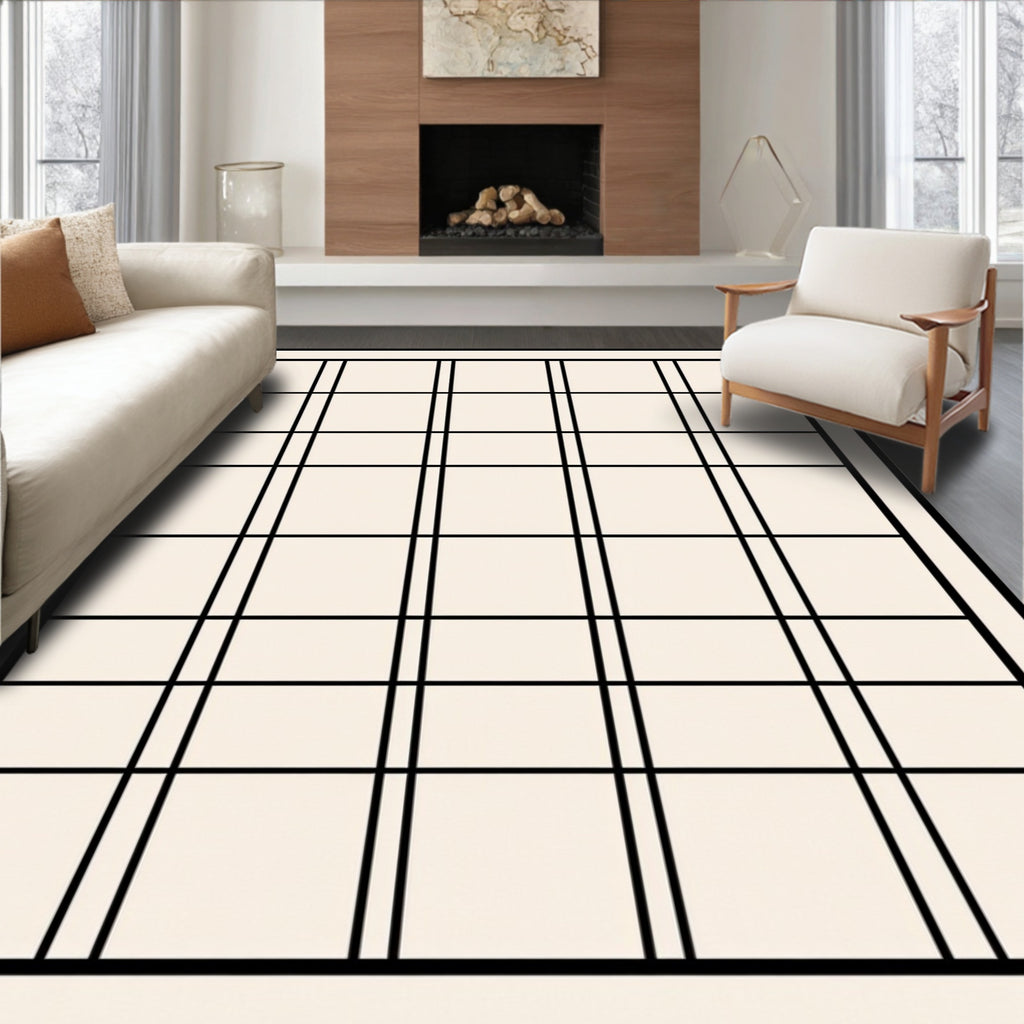 Bold Black Line Grid Pattern Decor Rug