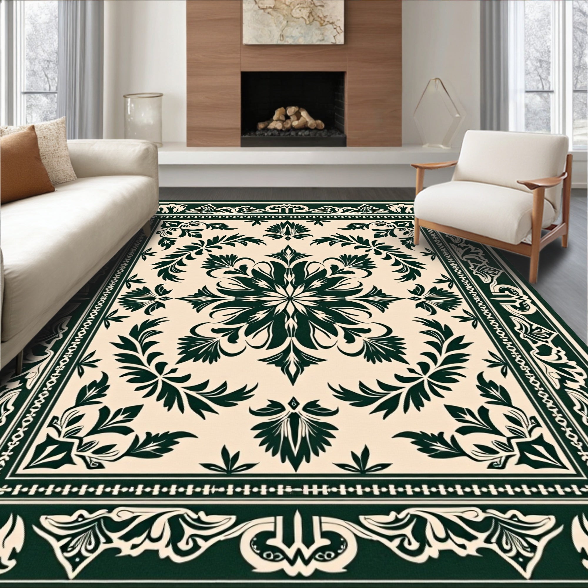 Ornate Floral Bordered Cream Rug