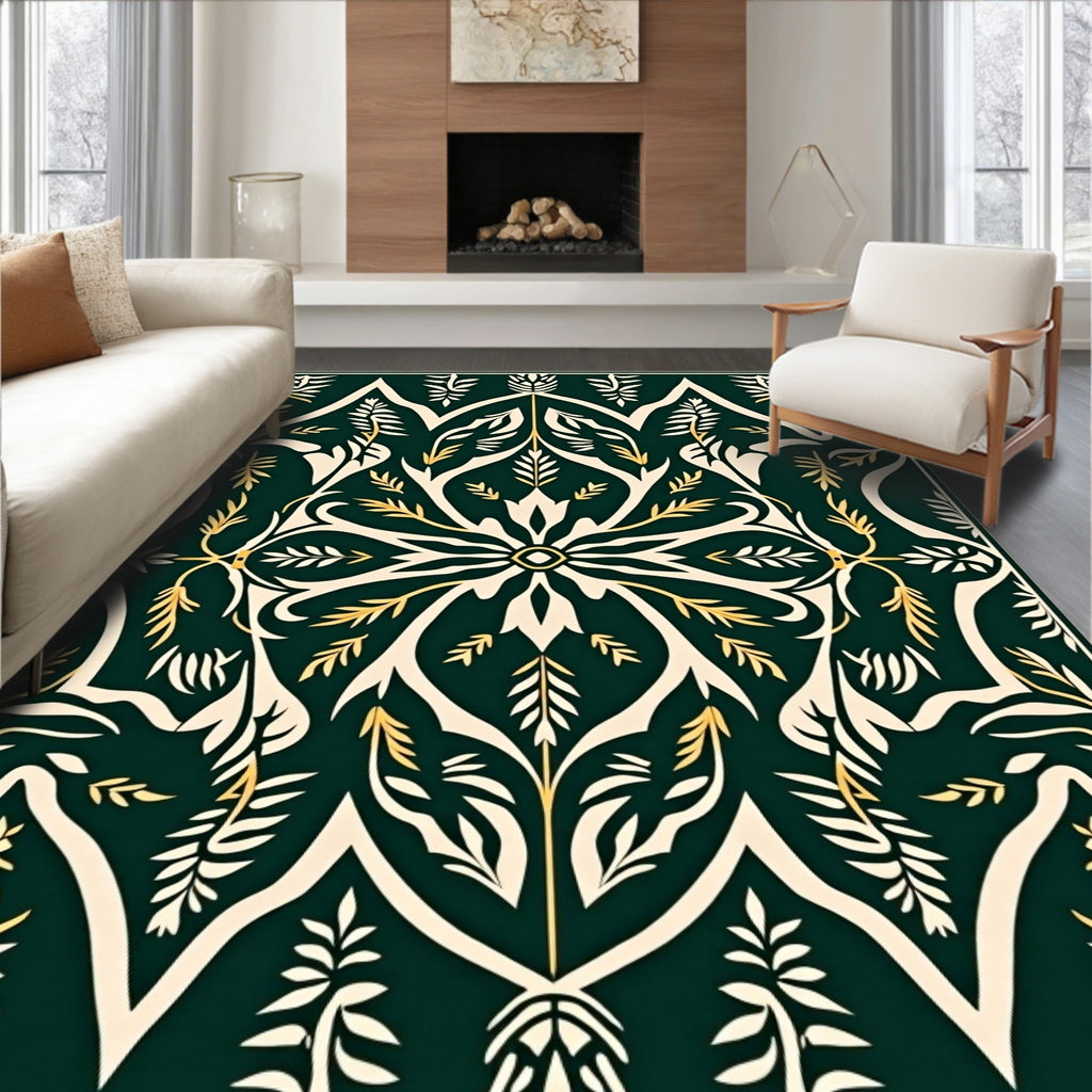 Dark Green Cream Gold Floral Pattern Rug