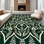 Dark Green Cream Gold Floral Pattern Rug