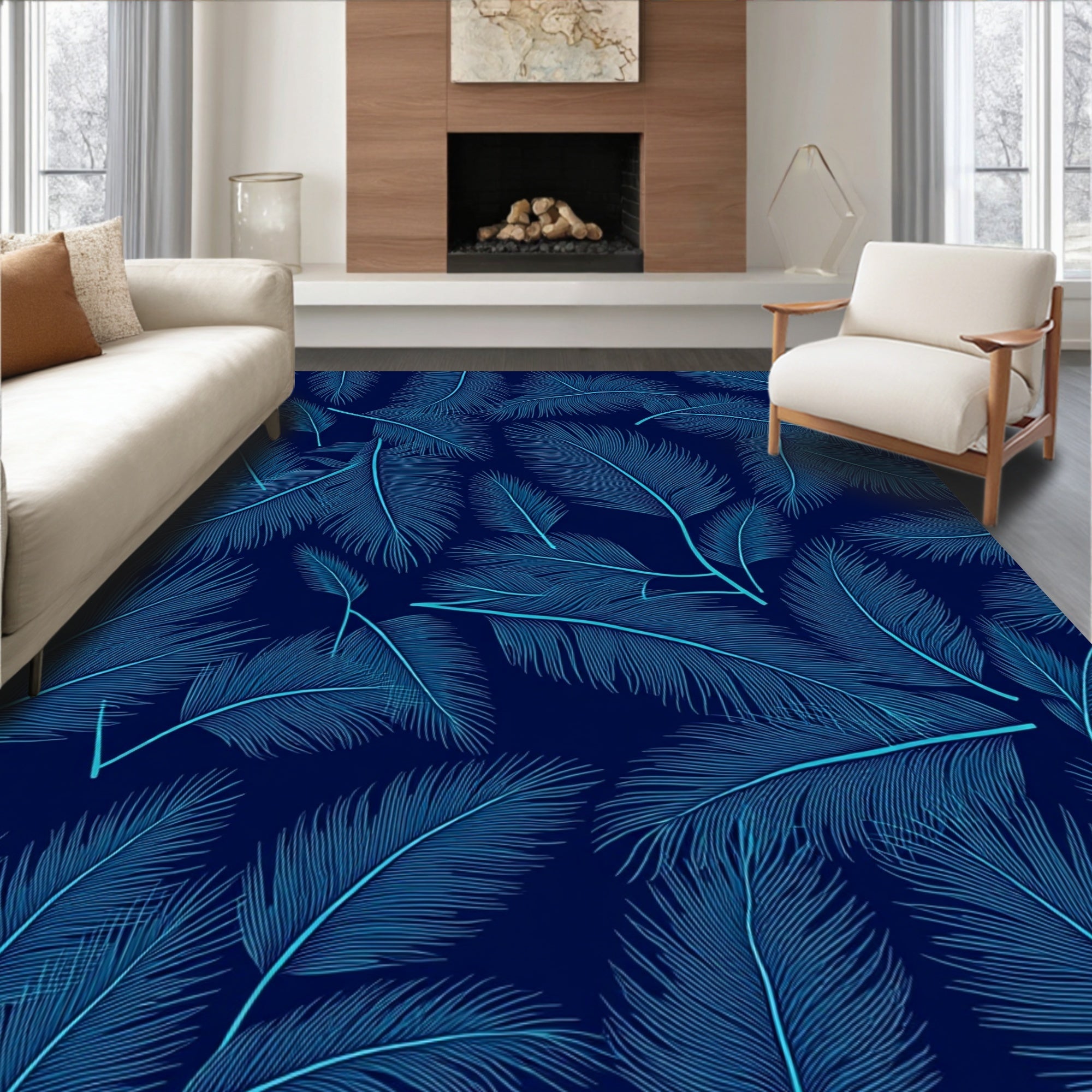 Dark Blue Feather Pattern Rug