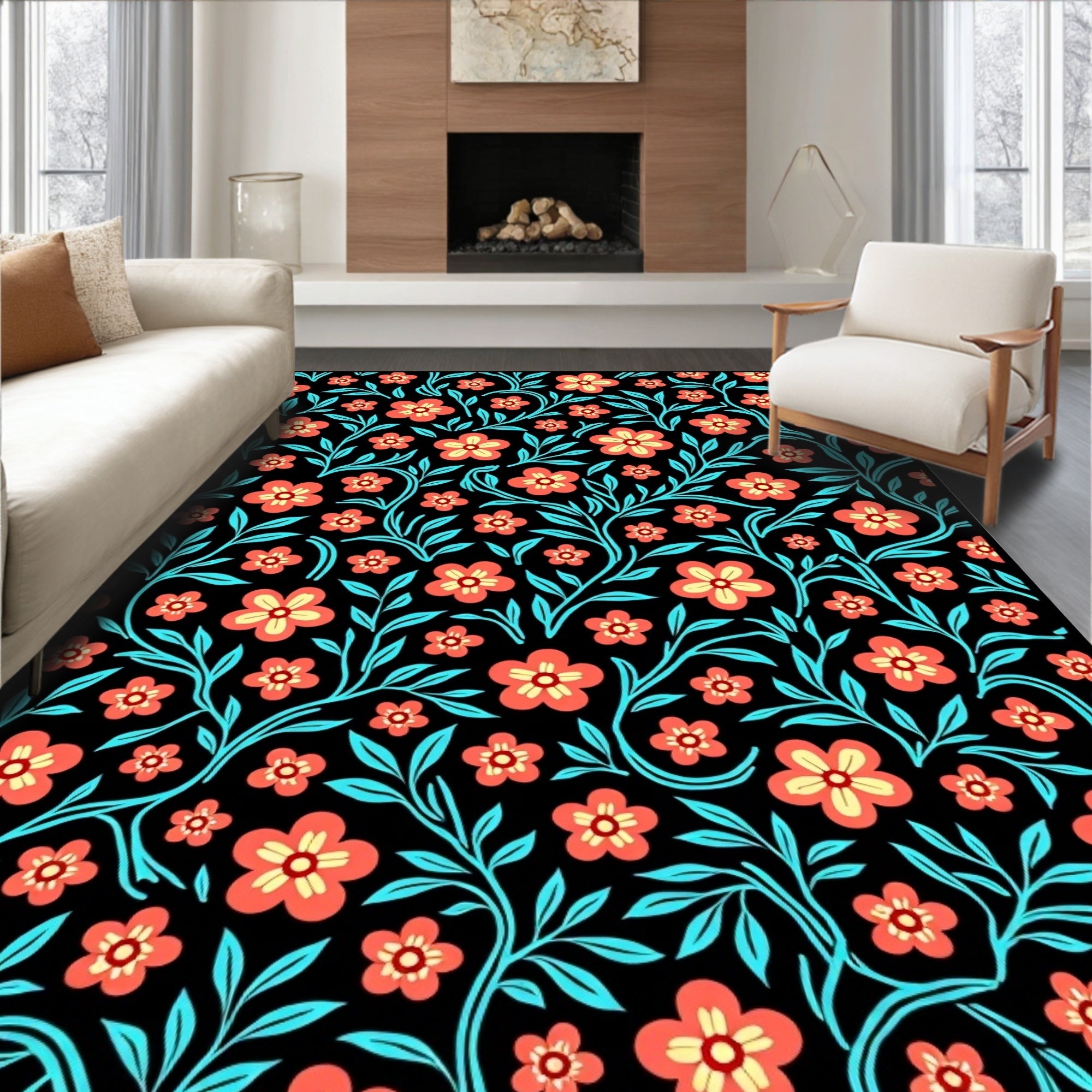 Floral Vines With Coral Flowers Rug
