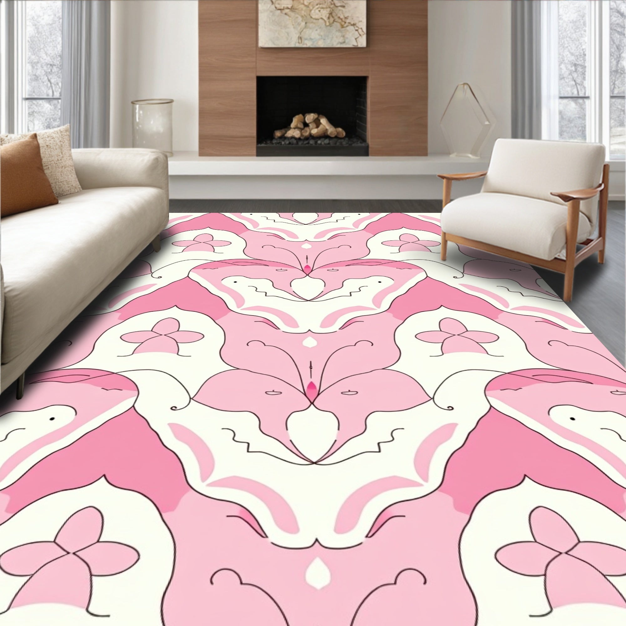 Pink Floral Symmetry Design Rug