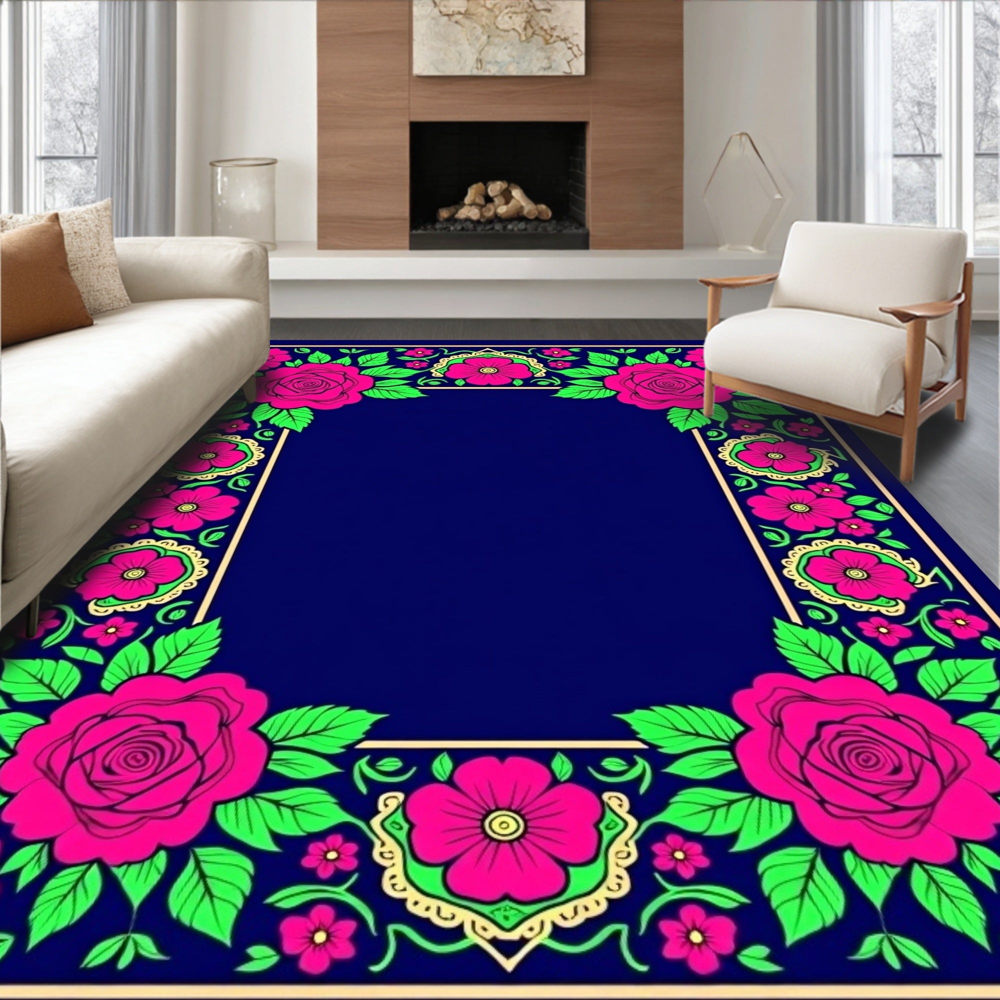 Vibrant Rose Floral Garden Pattern Rug
