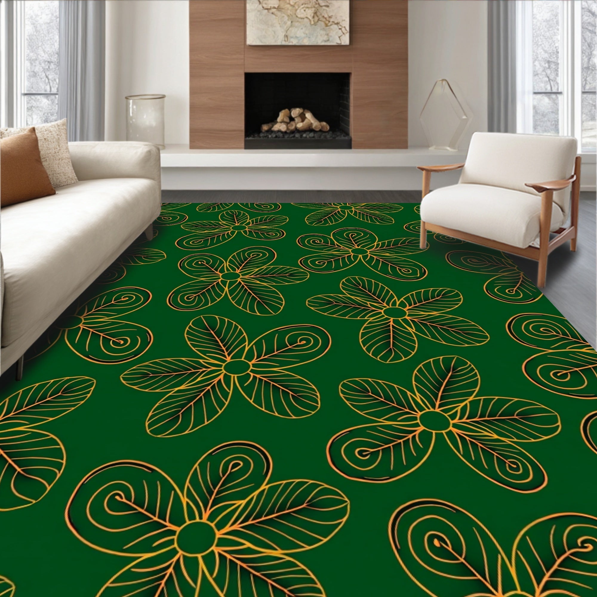 Golden Floral Outline on Deep Green Background Rug