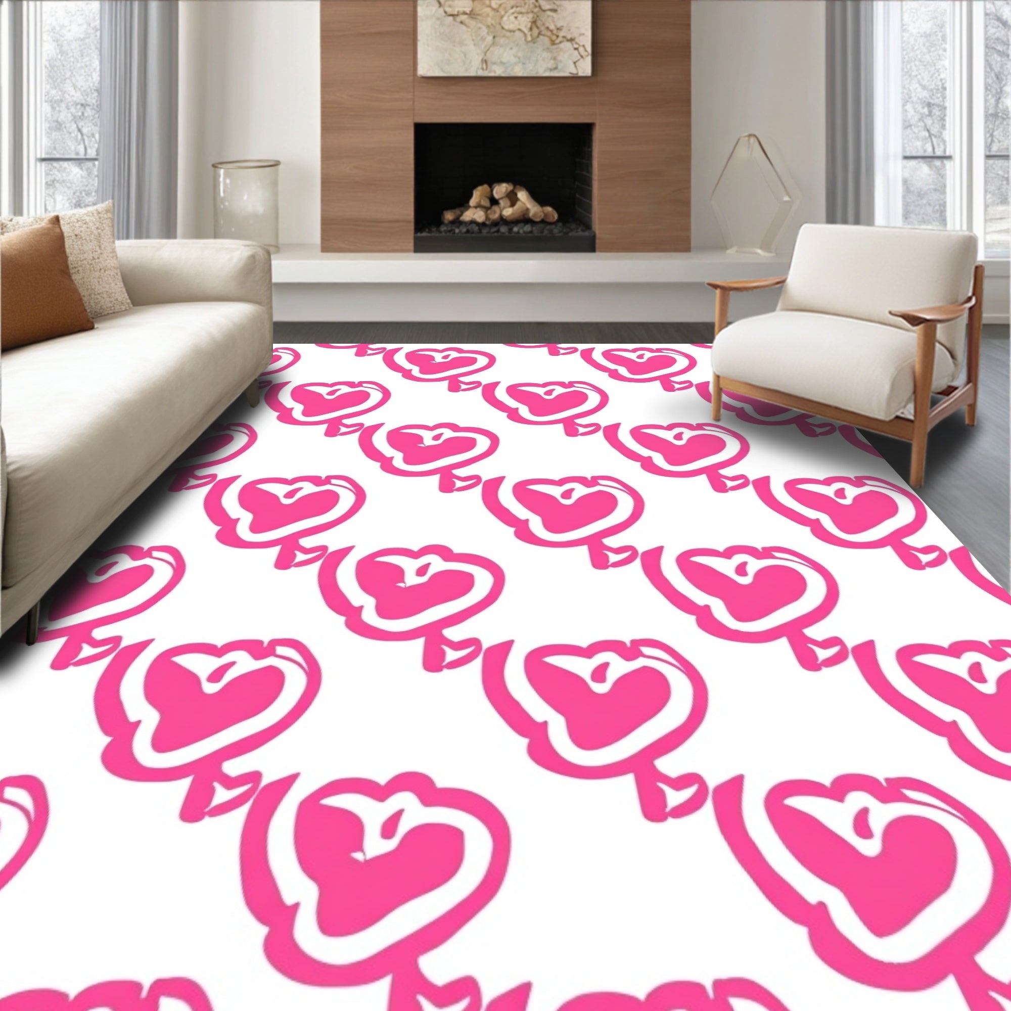 Pink Heart Patterned Whimsical Rug