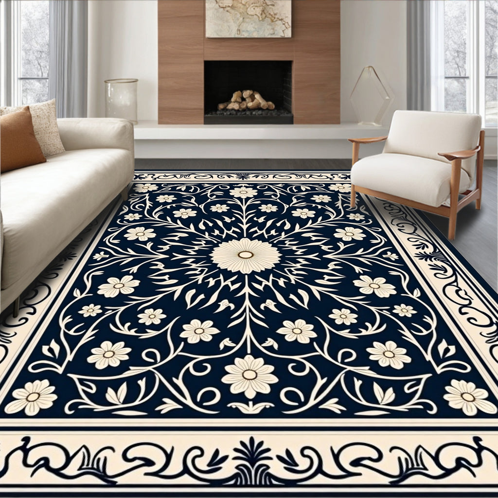 Classic Floral Scrollwork Navy Rug