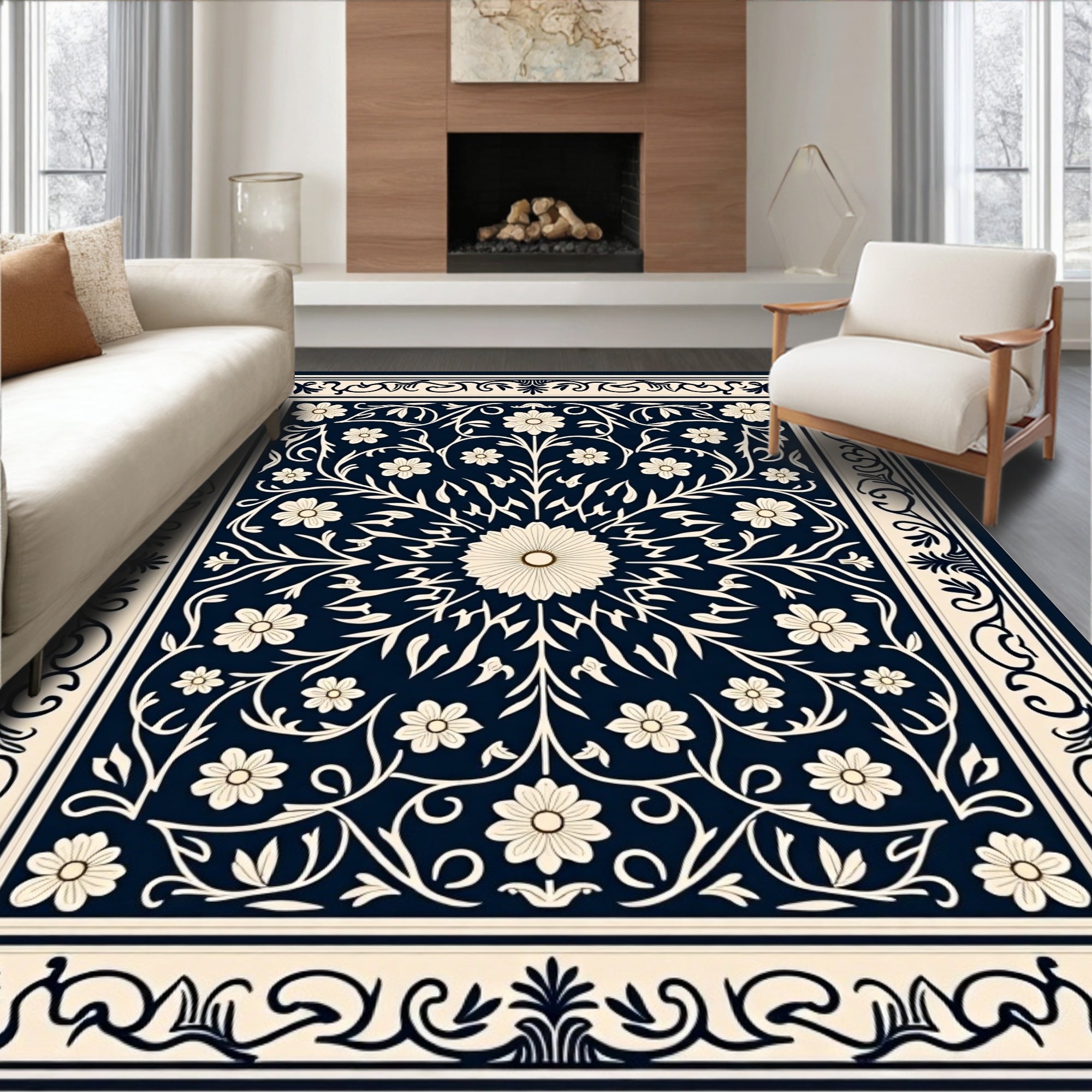 Classic Floral Scrollwork Navy Rug