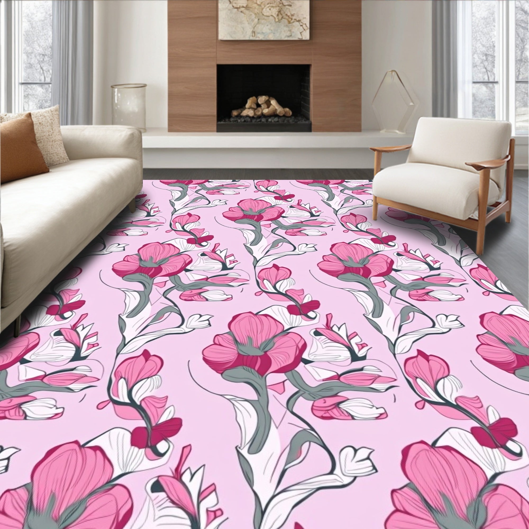 Pink Botanical Vine Repeat Pattern Rug