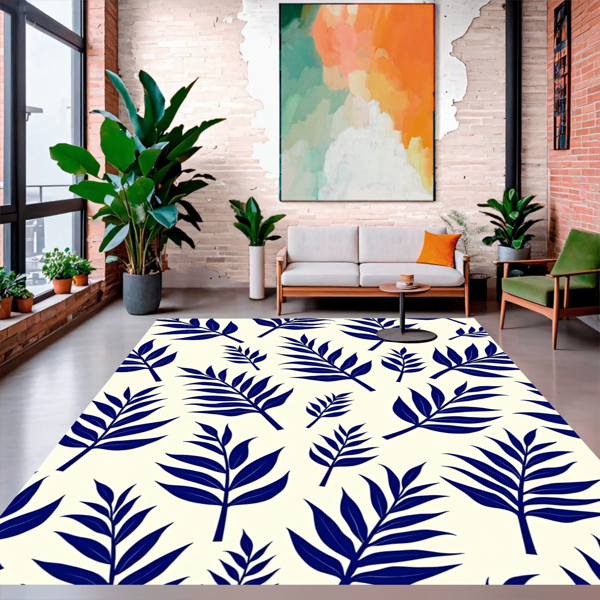Deep Blue Leaf Pattern Design Rug