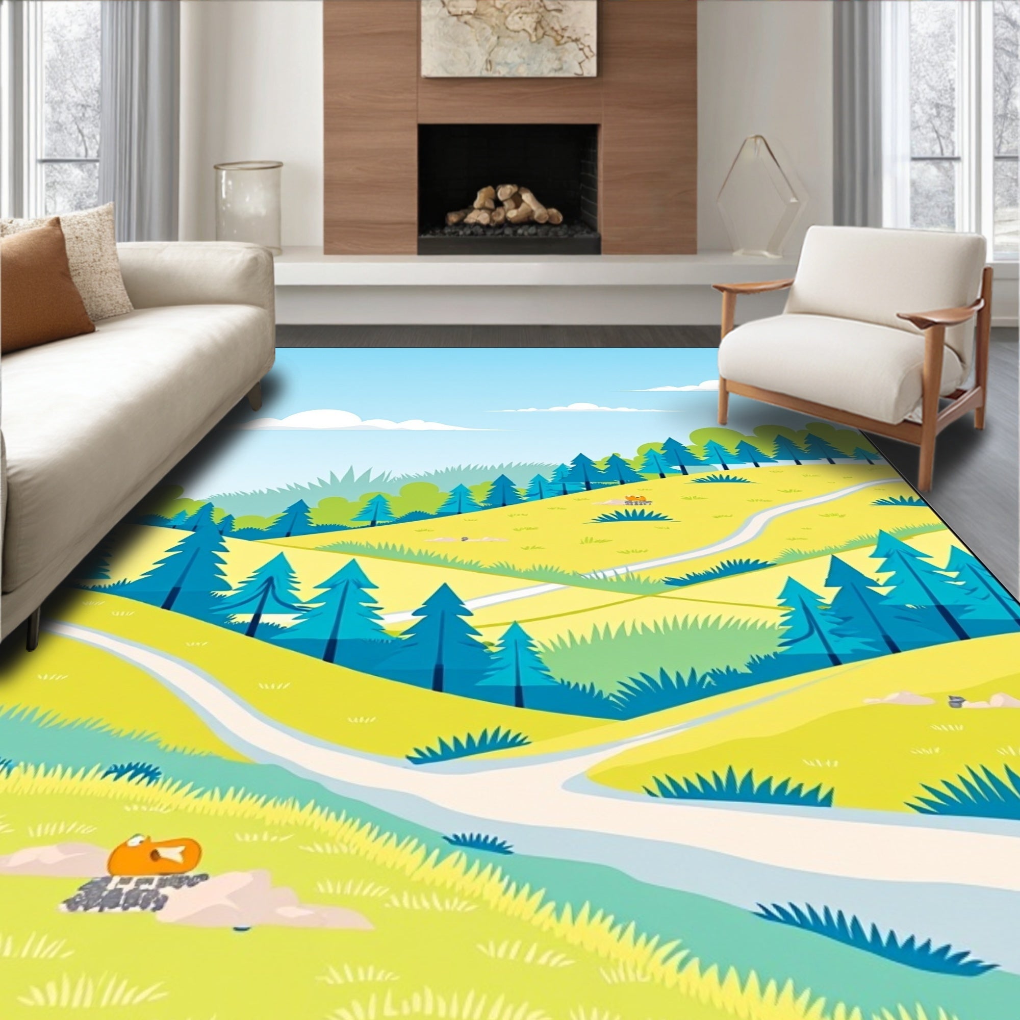 Vibrant Landscape Woodland Path Pattern Rug