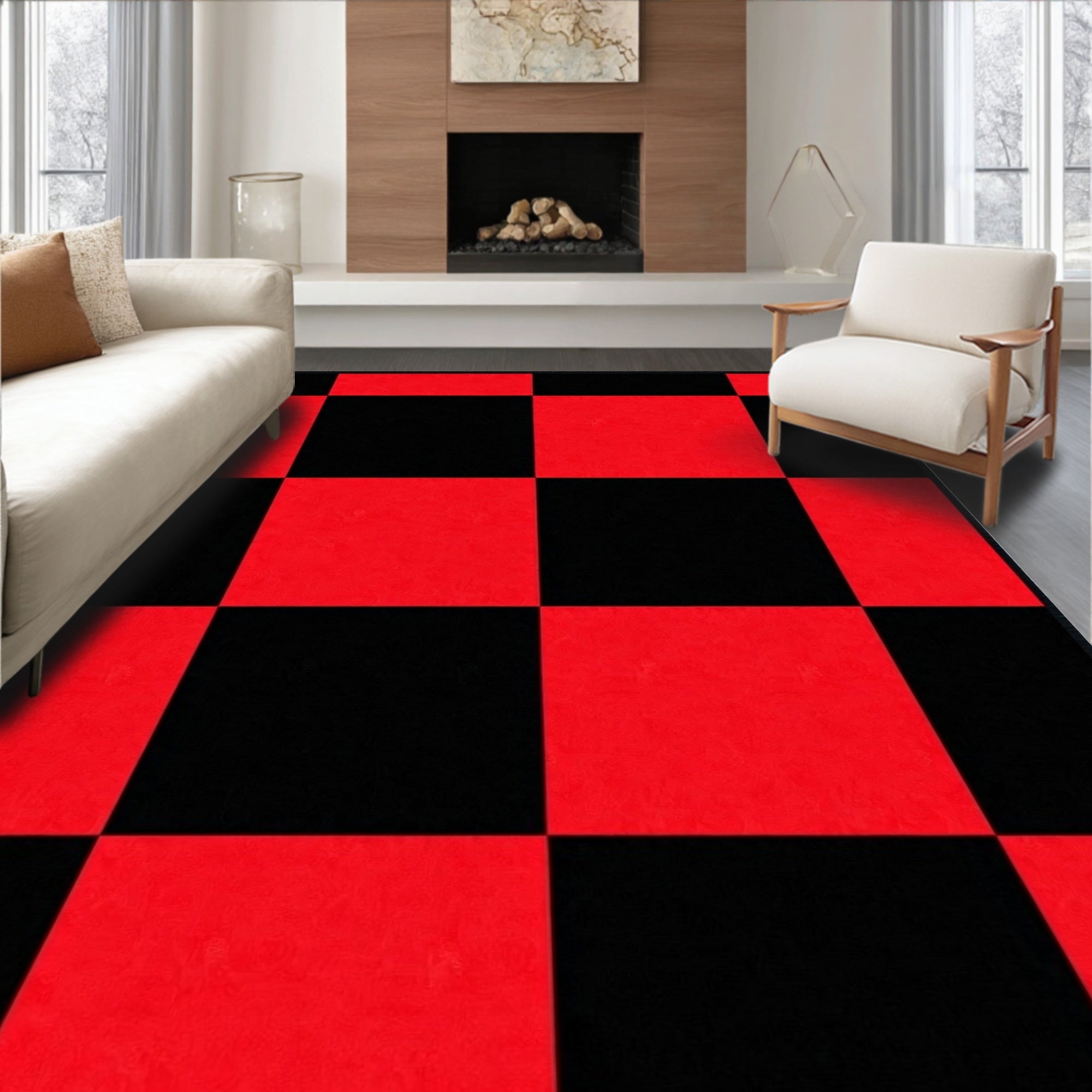 Bold Red Black Checkerboard Pattern Rug
