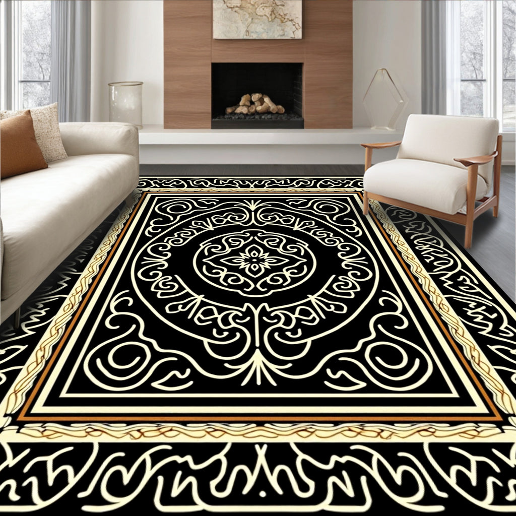 Elegant Black Gold Floral Scroll Rug