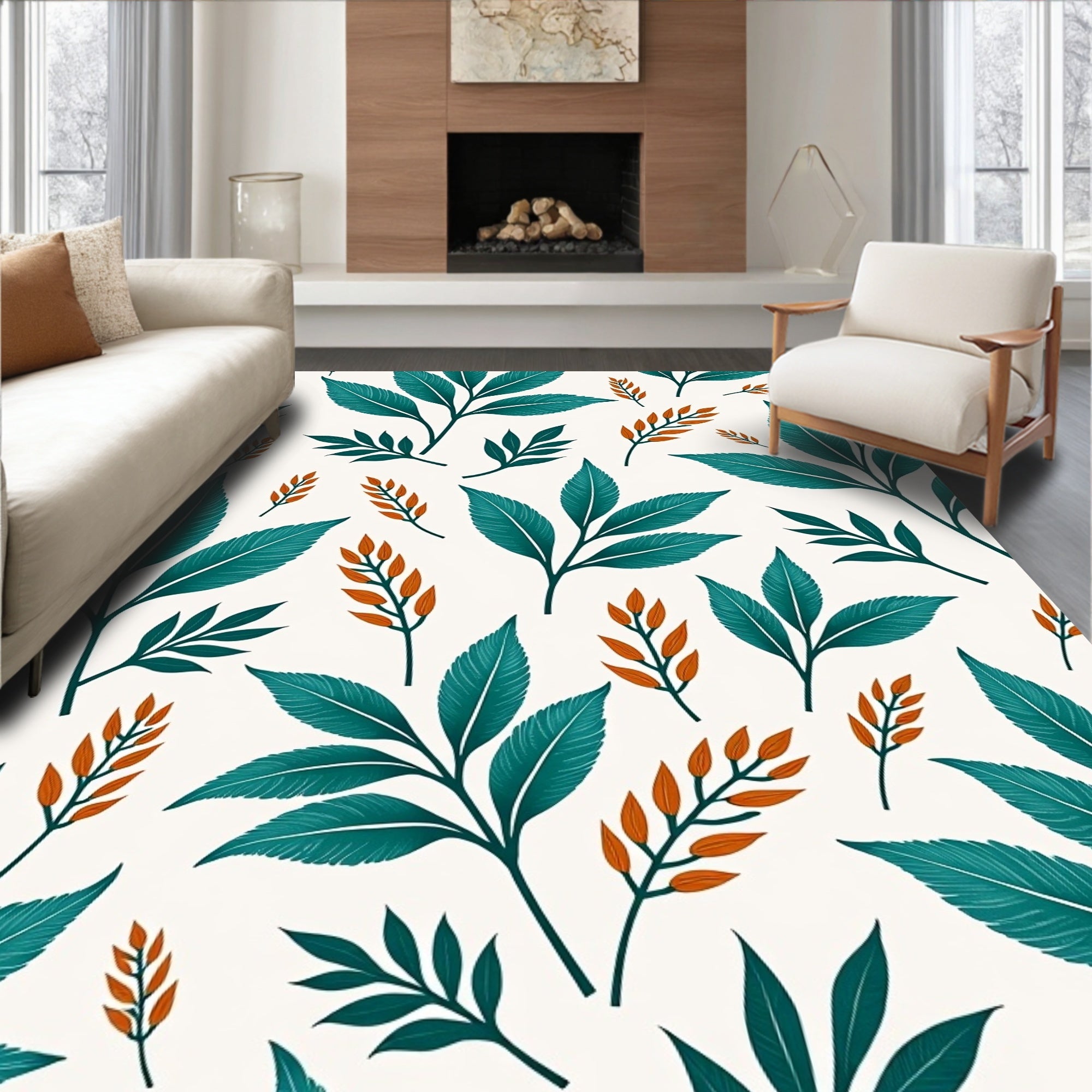 Teal Leaf Botanical Pattern Rug
