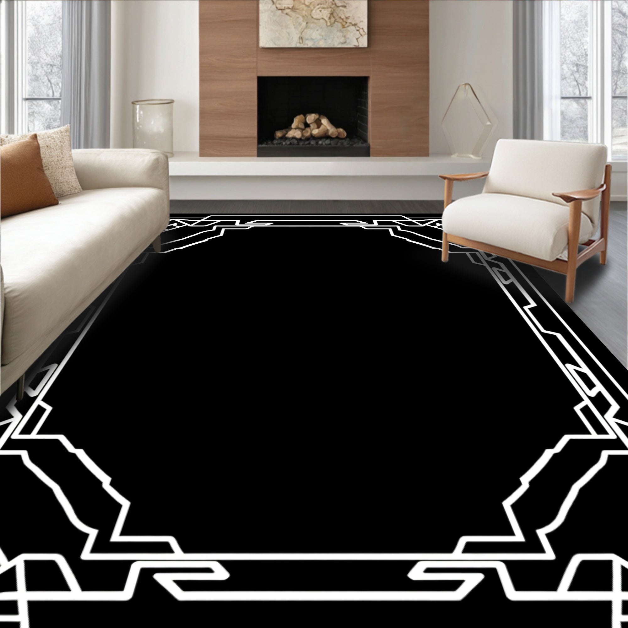 Modern Geometric White Outline Rug