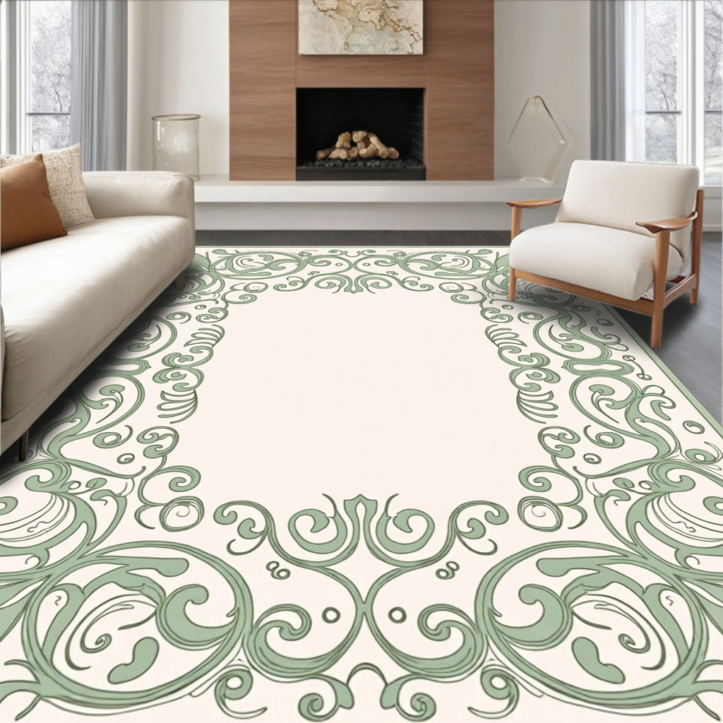 Vintage Green Swirl Floral Frame Design Rug