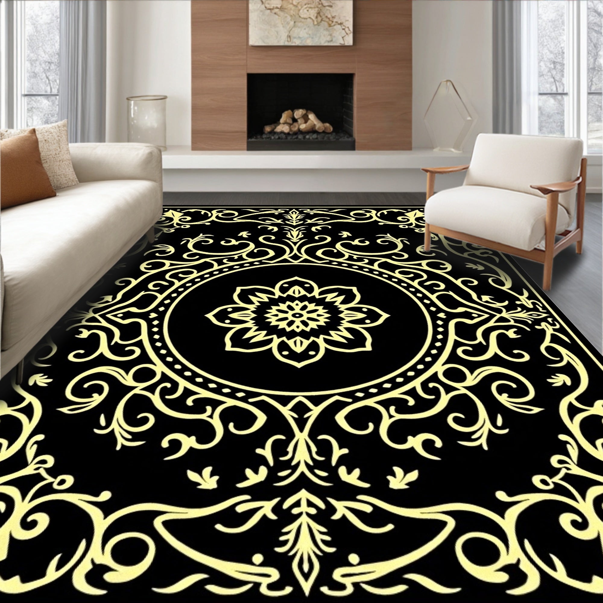 Ornate Mandala Black Gold Pattern Rug
