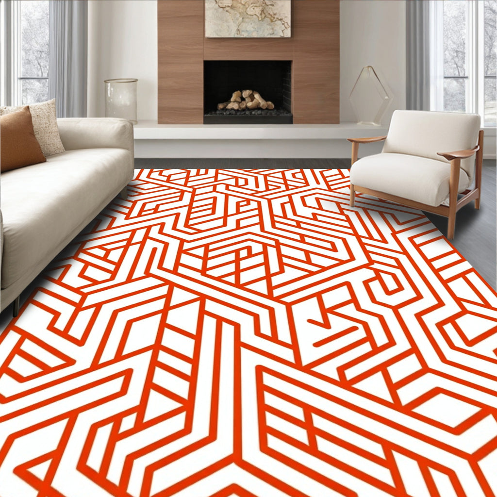 Red Geometric Maze Pattern Rug