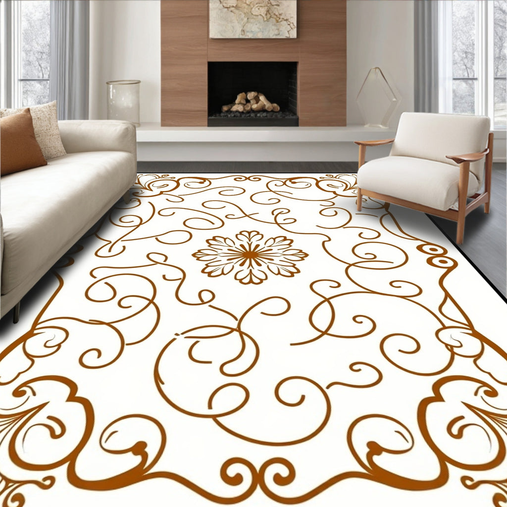 Brown Swirl Floral Scrollwork Pattern Art Rug