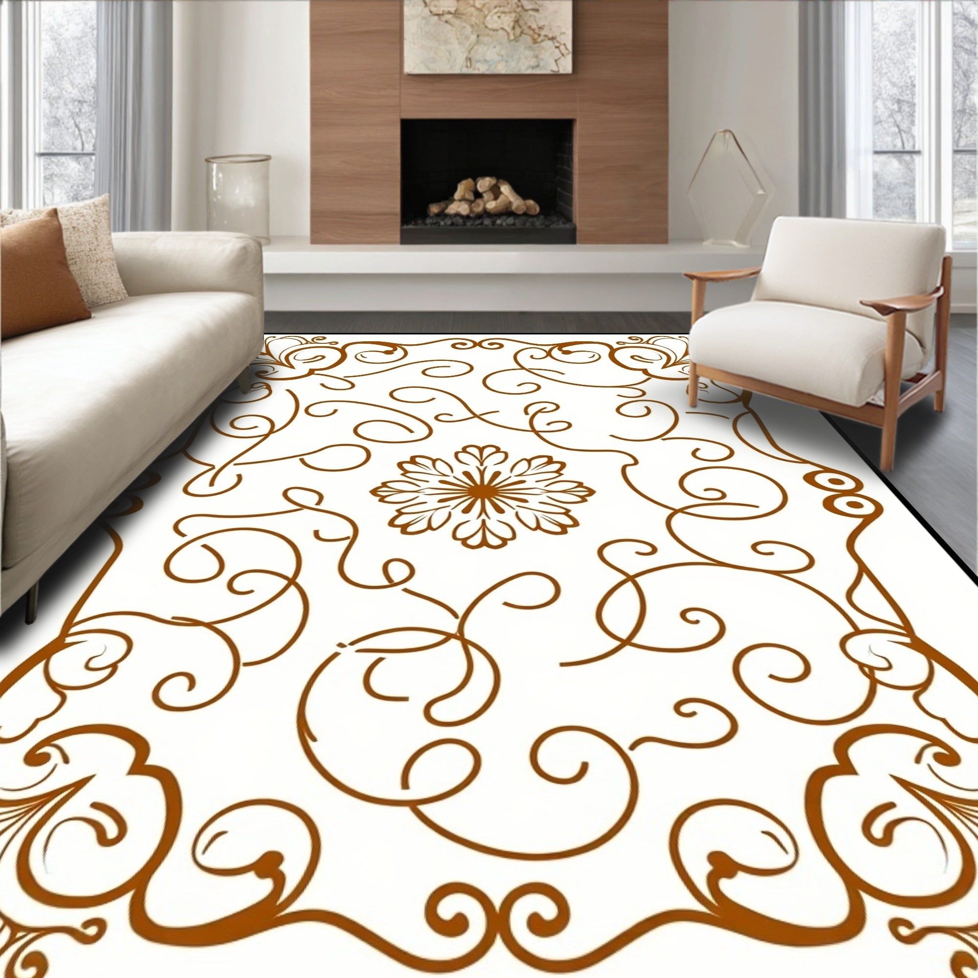 Brown Swirl Floral Scrollwork Pattern Art Rug