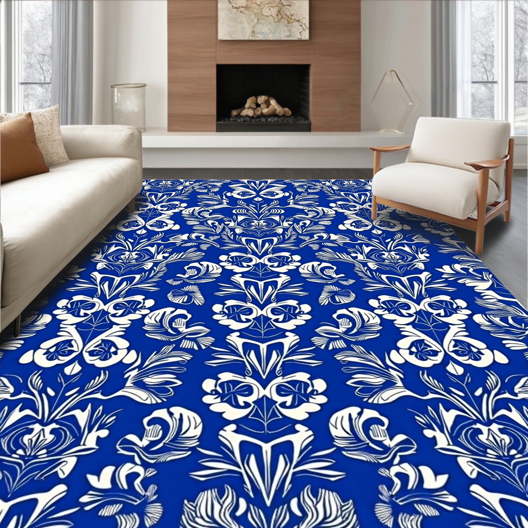 Blue White Classic Floral Damask Rug