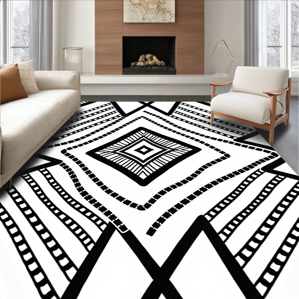 Monochrome Geometric Stripe Diamond Design Rug