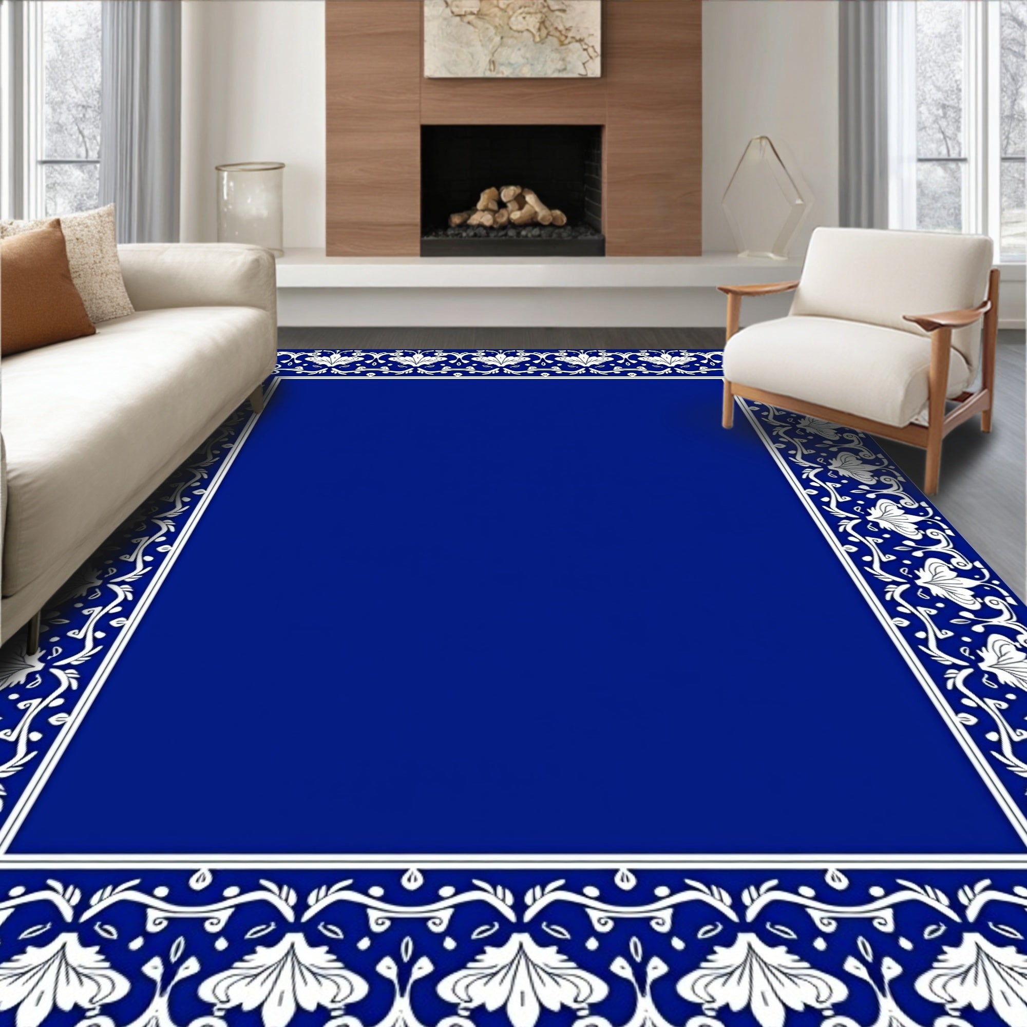 Classic Blue White Floral Border Design Rug
