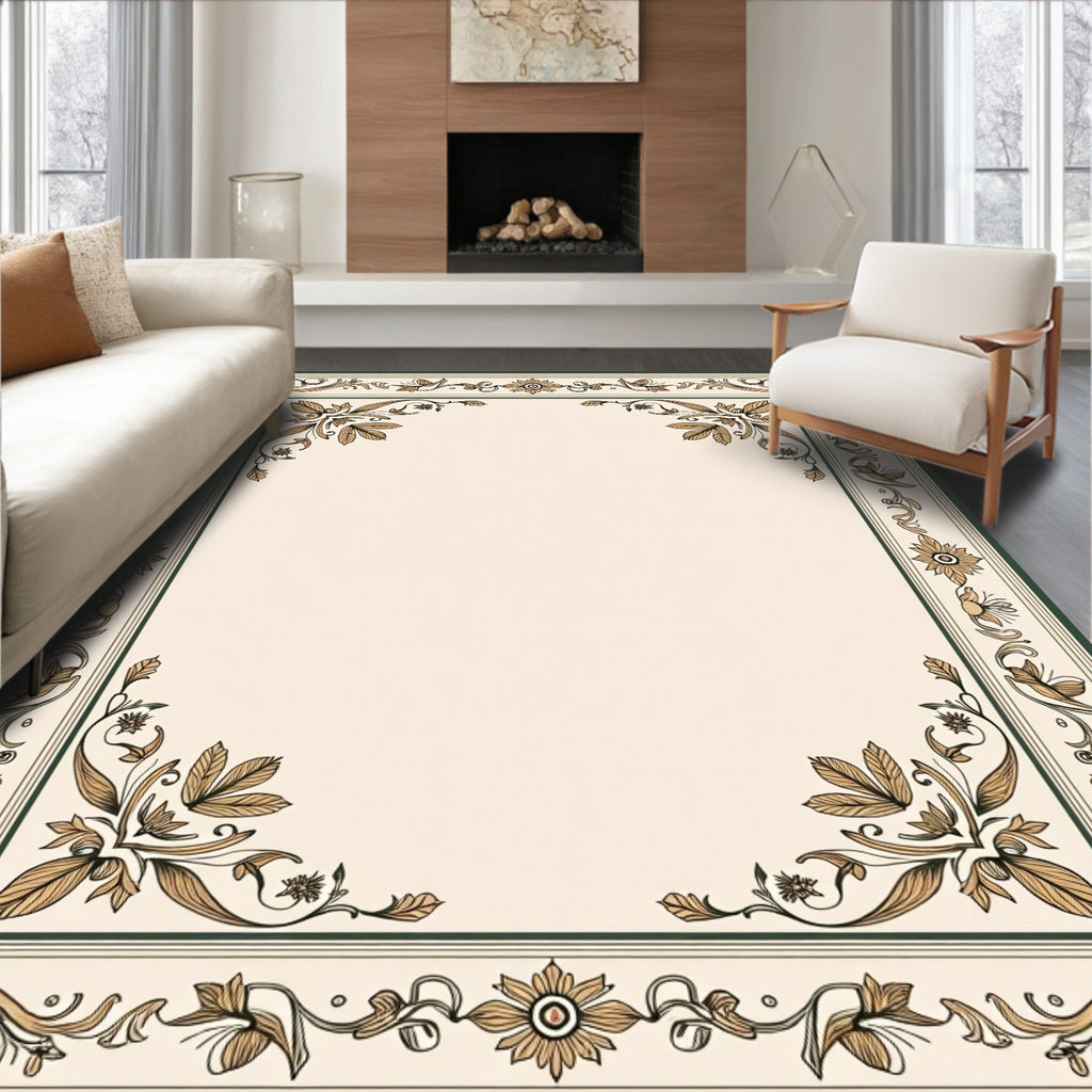 Elegant Gold Floral Scroll Pattern Rug