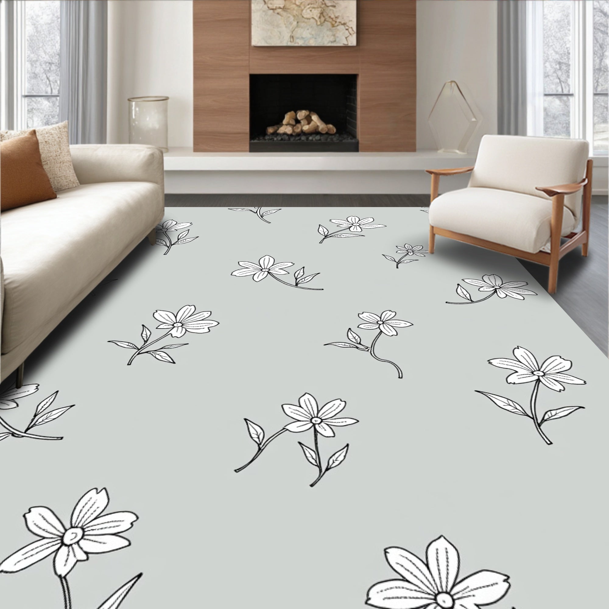 Delicate Floral Outline Pattern Rug