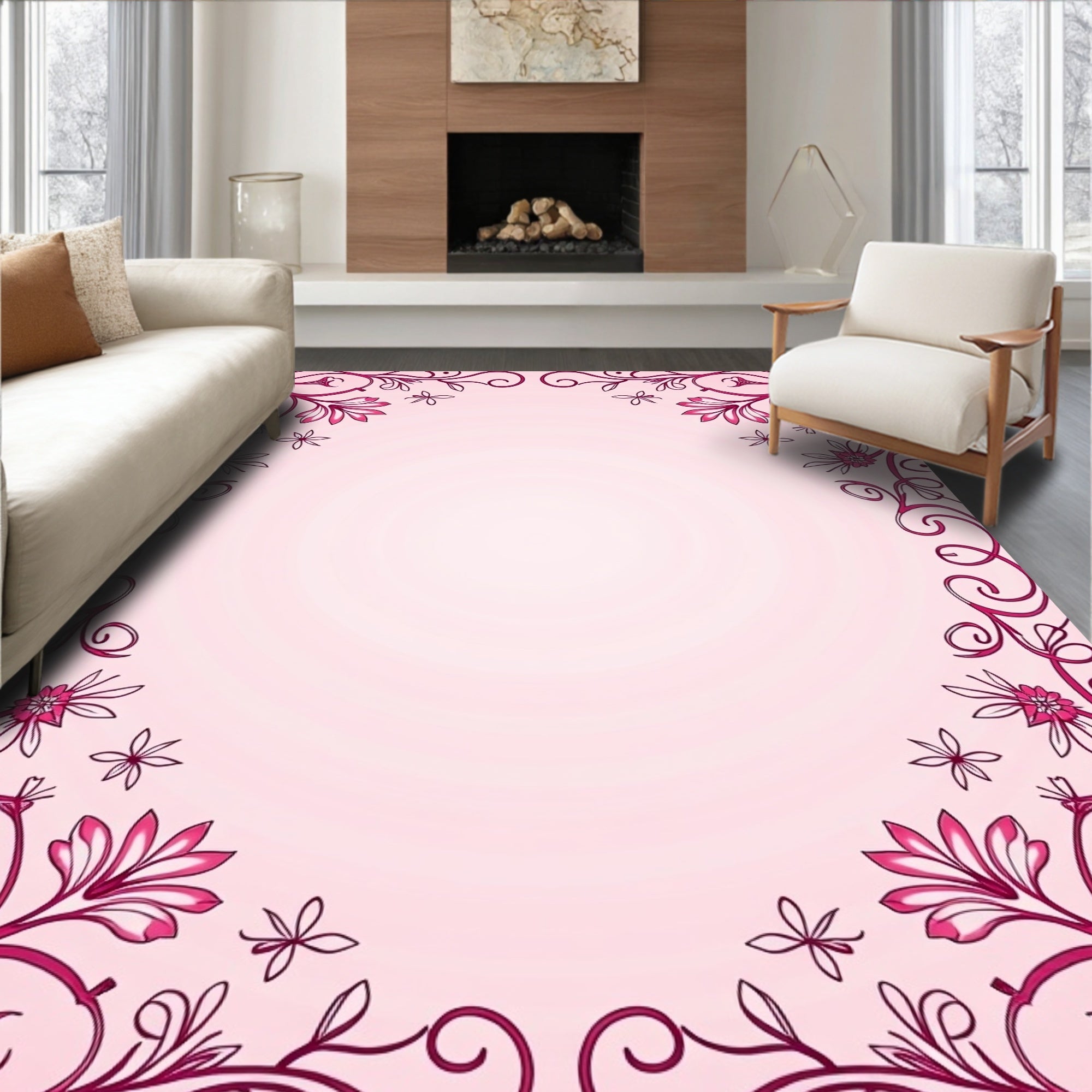 Elegant Floral Swirls In Pink Rug