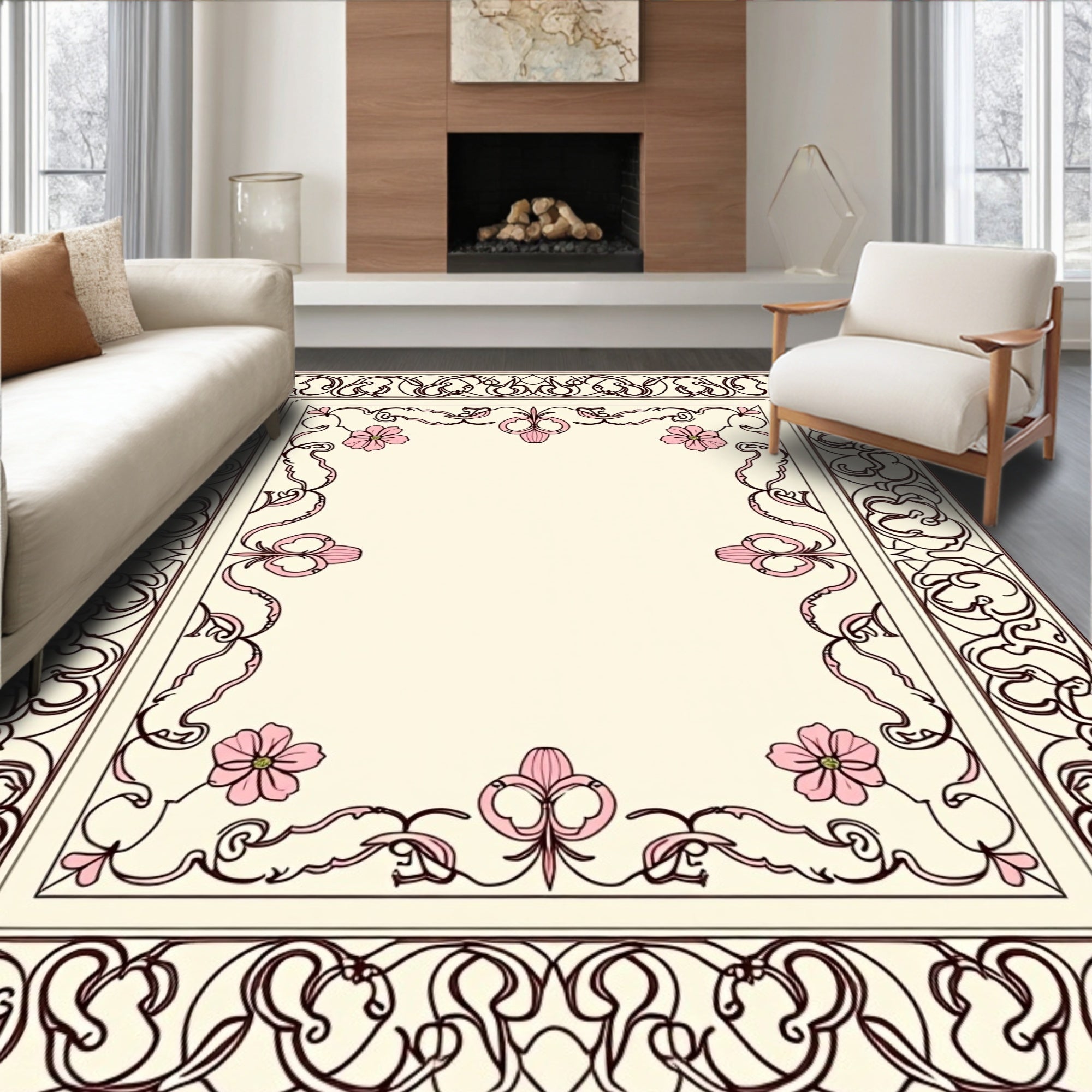 Antique Floral Swirls Border Design Rug