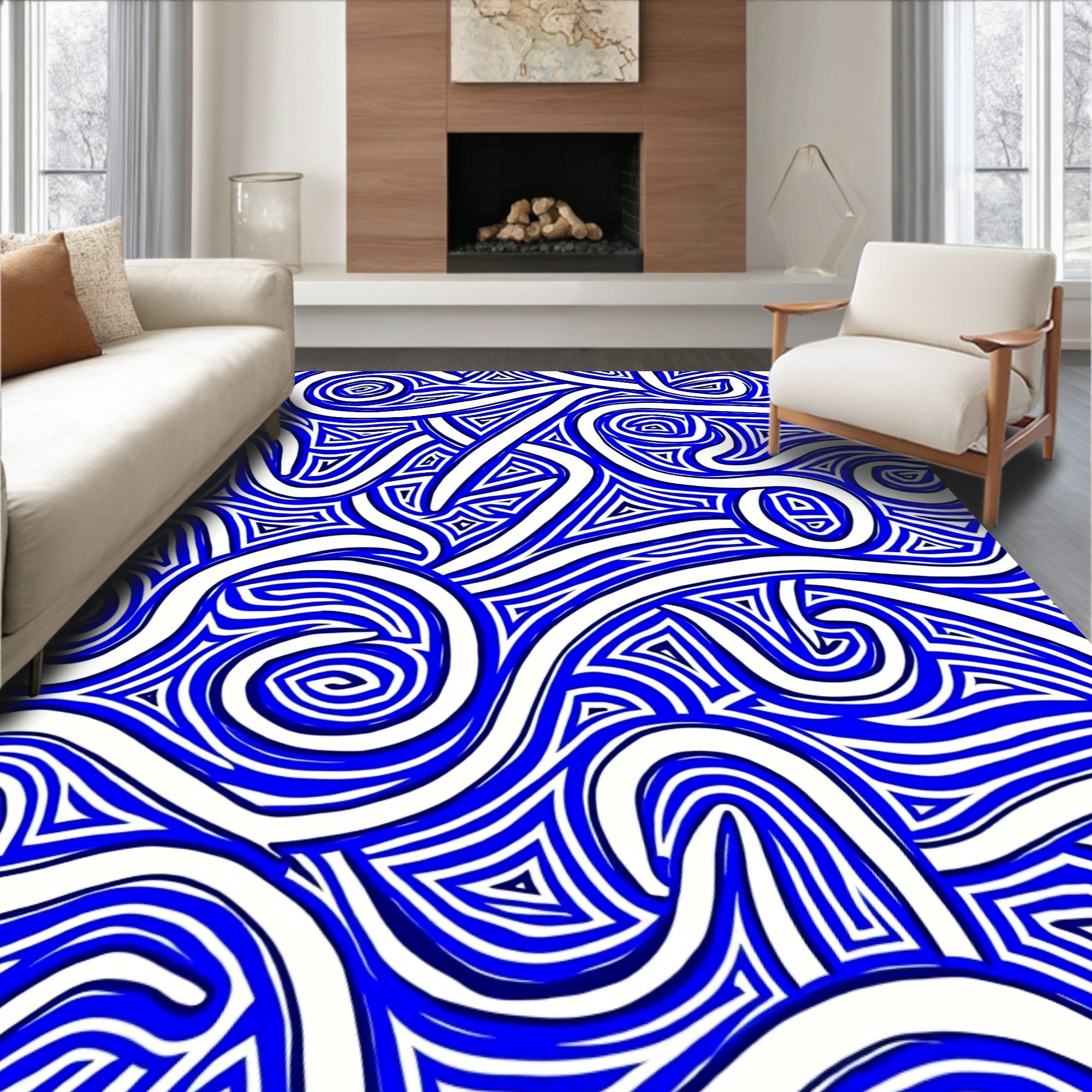 Blue White Swirling Abstract Pattern Rug