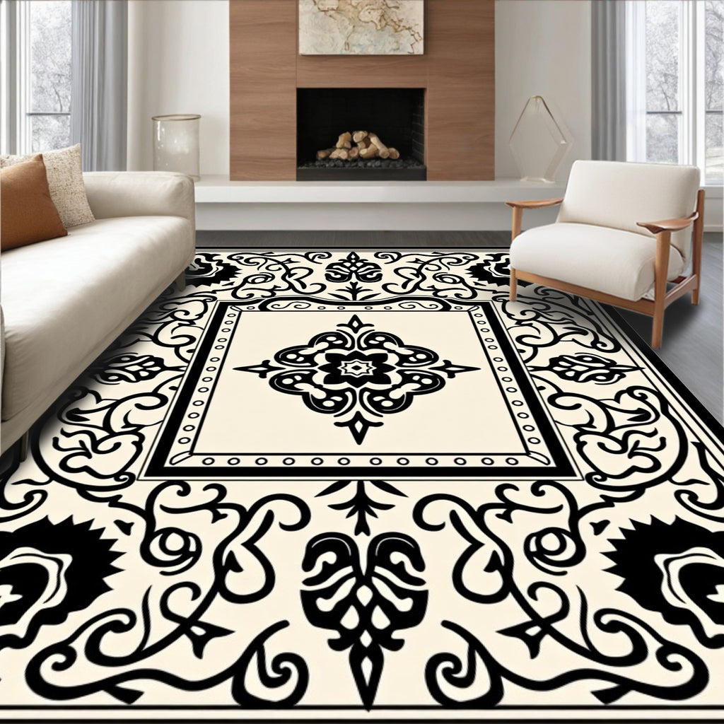 Ornate Black White Floral Filigree Rug