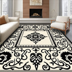 Ornate Black White Floral Filigree Rug