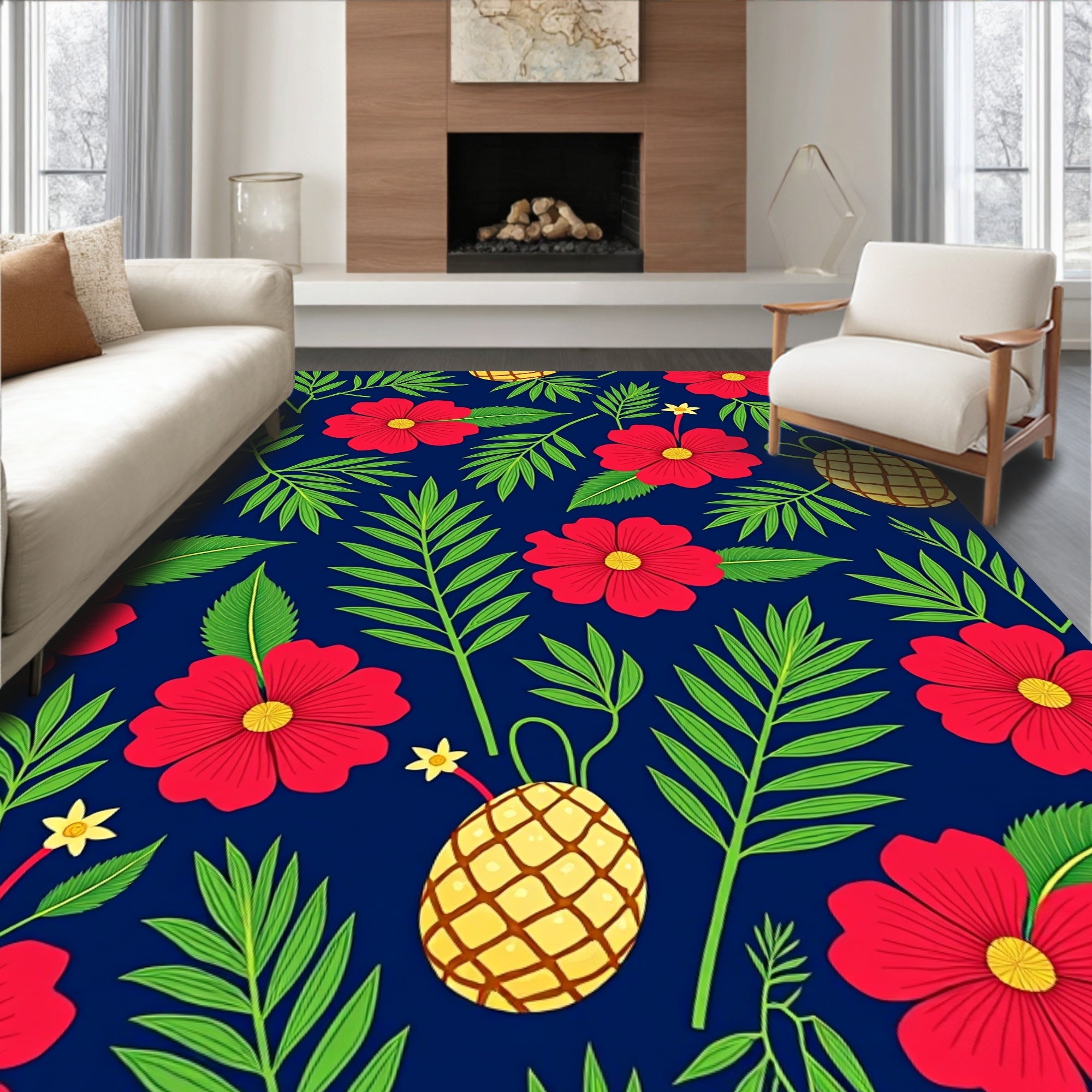 Vibrant Red Floral Pineapple Pattern Rug