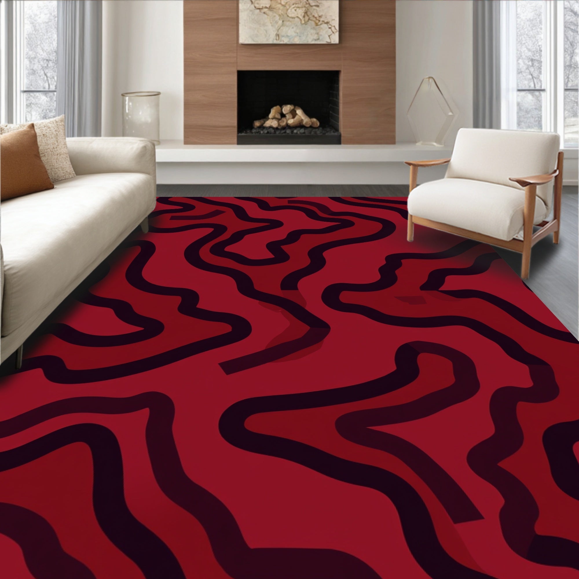 Abstract Wavy Red Contour Pattern Rug