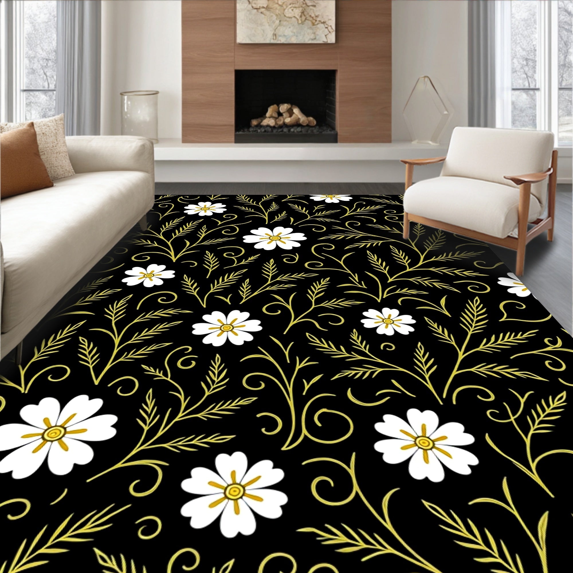 Black White Gold Floral Swirls Rug
