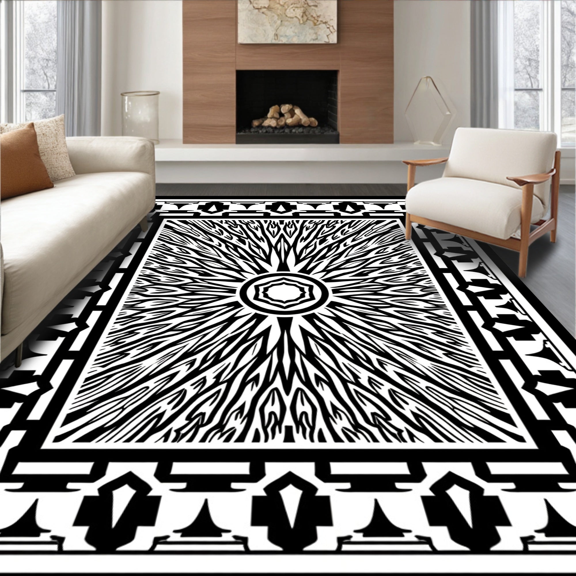Monochromatic Sunburst Geometric Border Rug