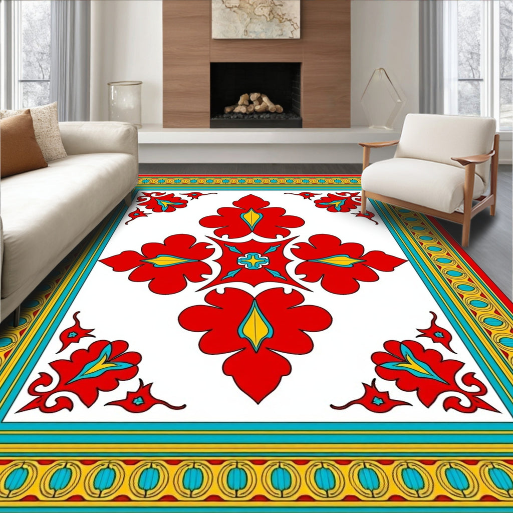 Vibrant Red Floral Centerpiece Border Rug