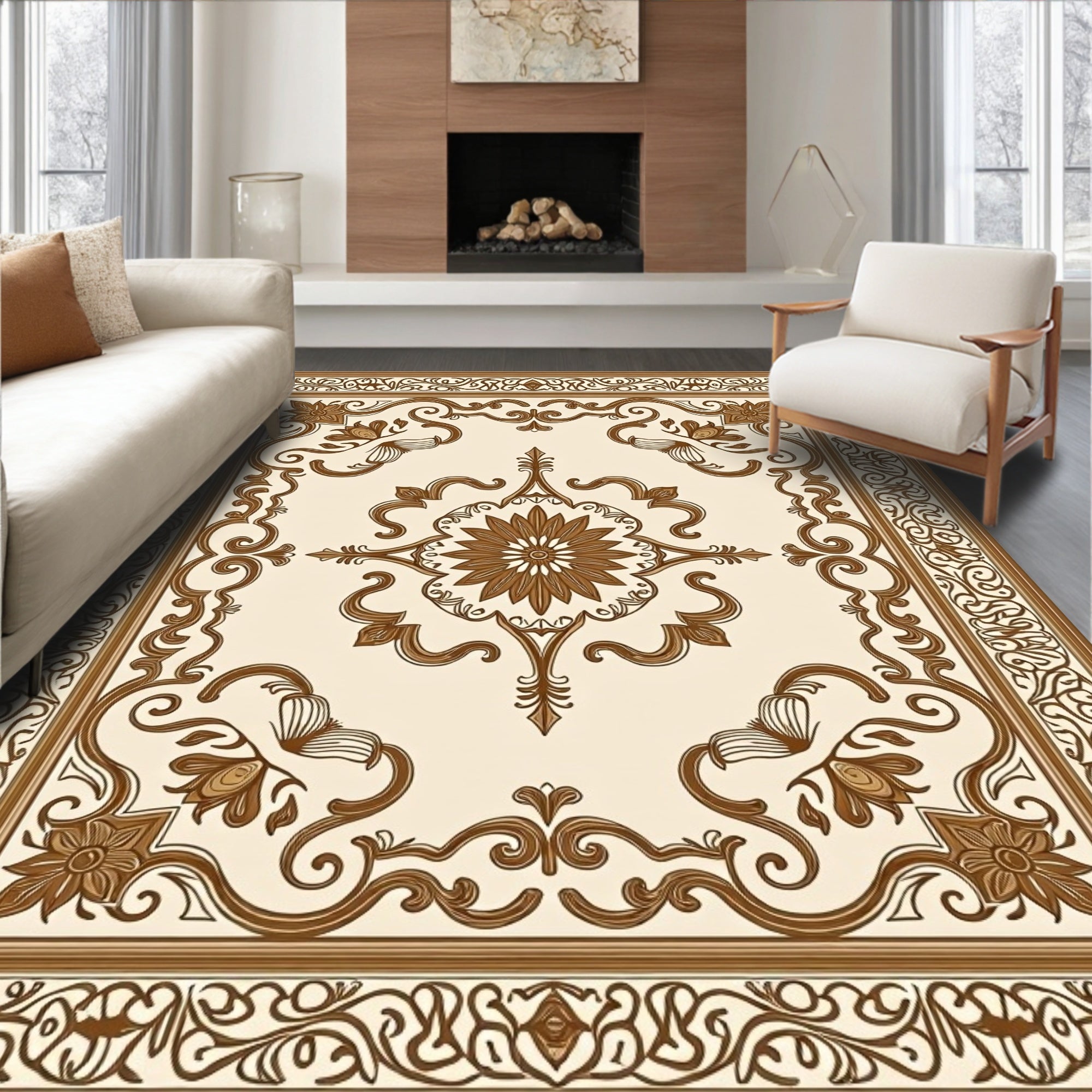 Elegant Brown Floral Damask Rug