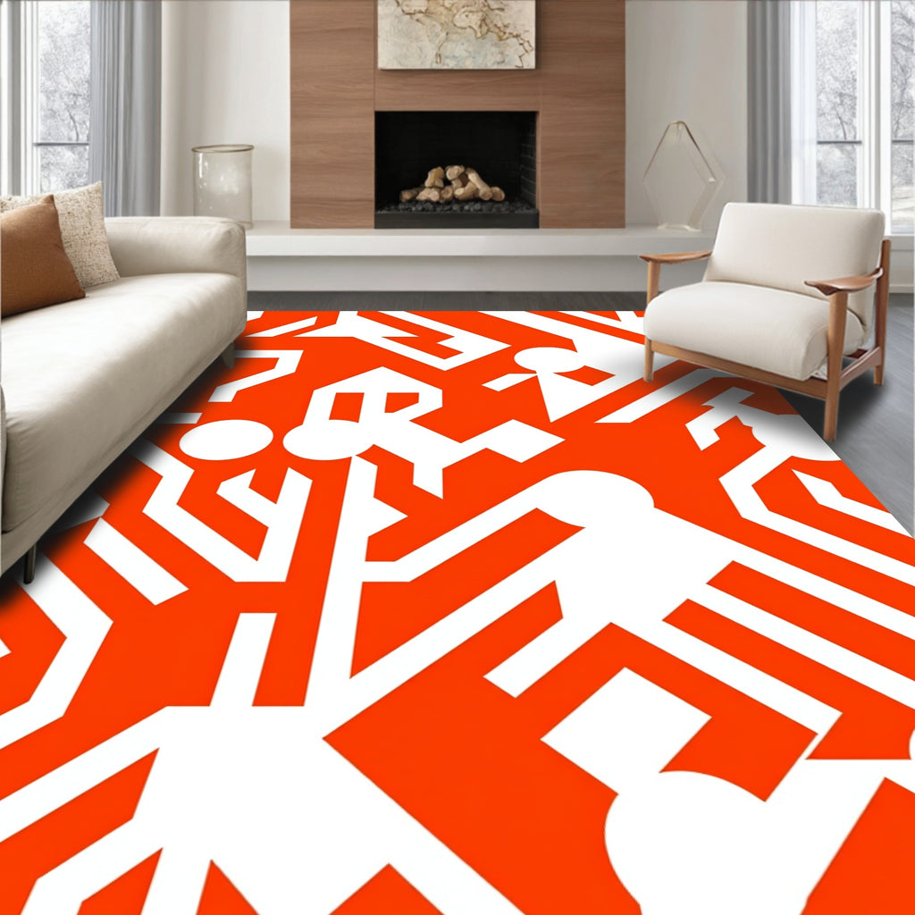 Modern Orange White Geometric Circuit Design Rug