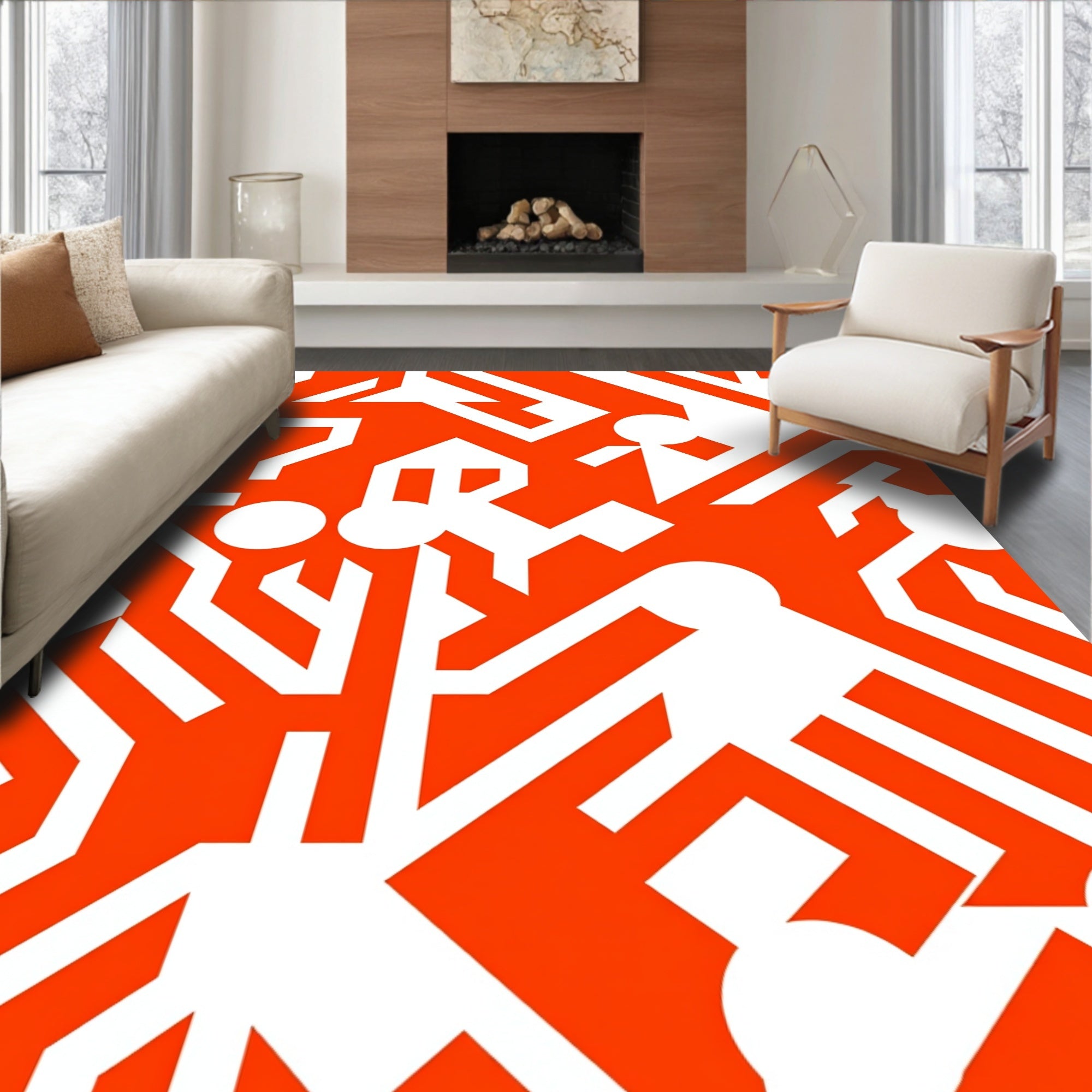Modern Orange White Geometric Circuit Design Rug