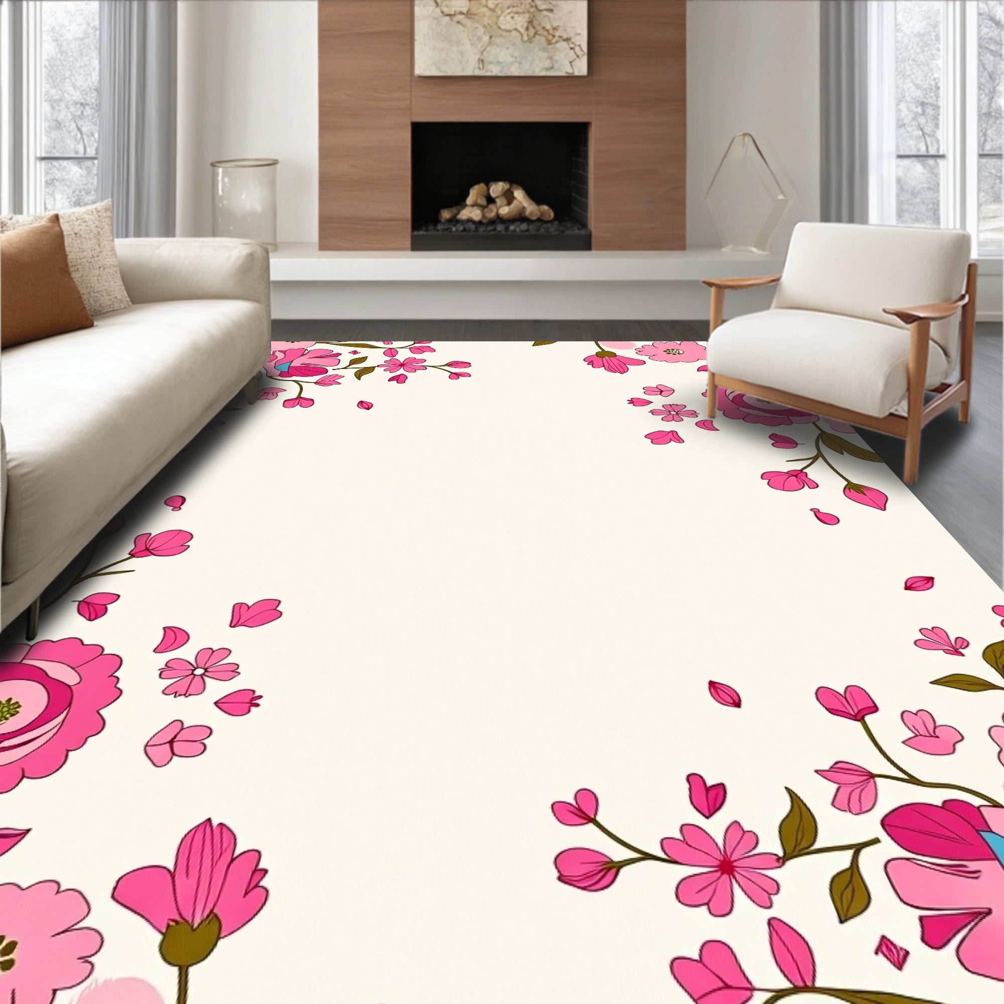 Pink Floral Garden Motif Rug