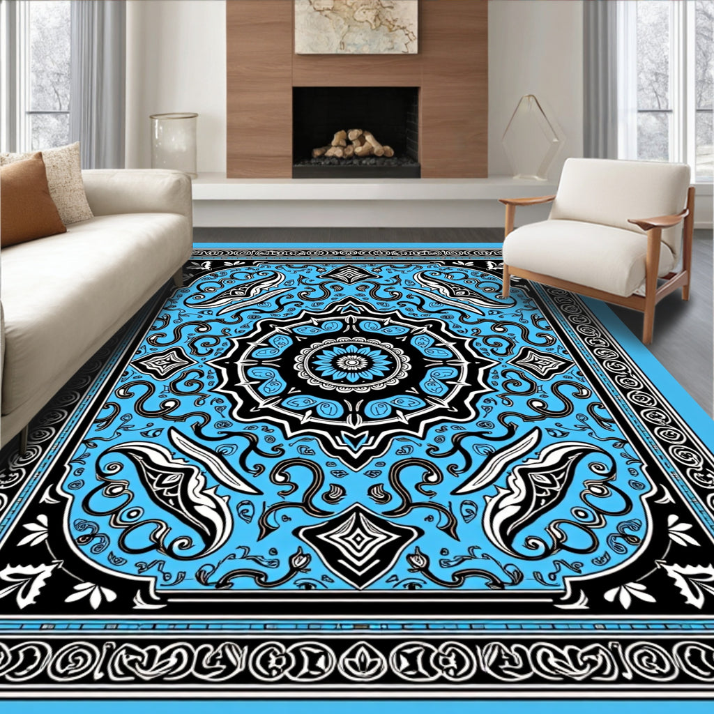 Elaborate Blue Black Floral Medallion Pattern Rug