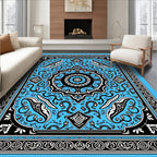 Elaborate Blue Black Floral Medallion Pattern Rug